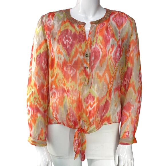 Chicos Womens Size 2 US 12 L Summer Ikat Moria Top Multicolor Sheer Blouse - Picture 11 of 15